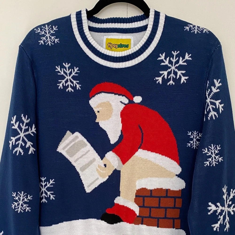 Tipsy Elves Ugly Christmas Sweater Mens Santa Clause Chimney Holidays Blue XL - Picture 2 of 8